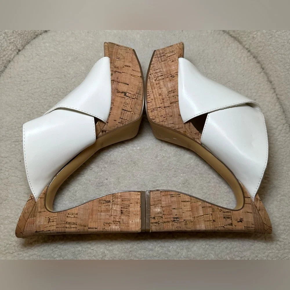 NWOT NINE WEST white‎ straps cork high heels platforms curved chunky summer 7.5